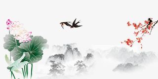 水墨莲花山水春季海报背景