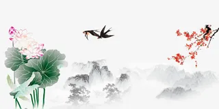 水墨莲花山水春季海报背景