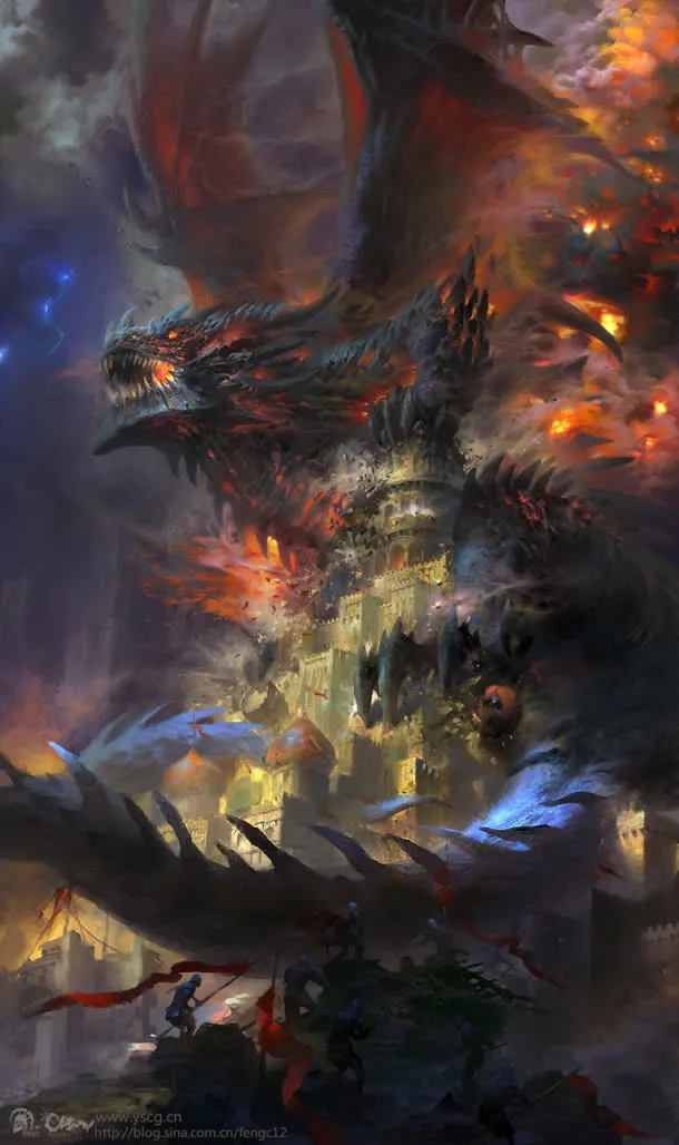 被巨龙破坏的城堡插画免抠