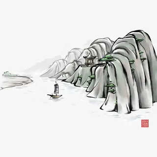 水墨山水河流免抠