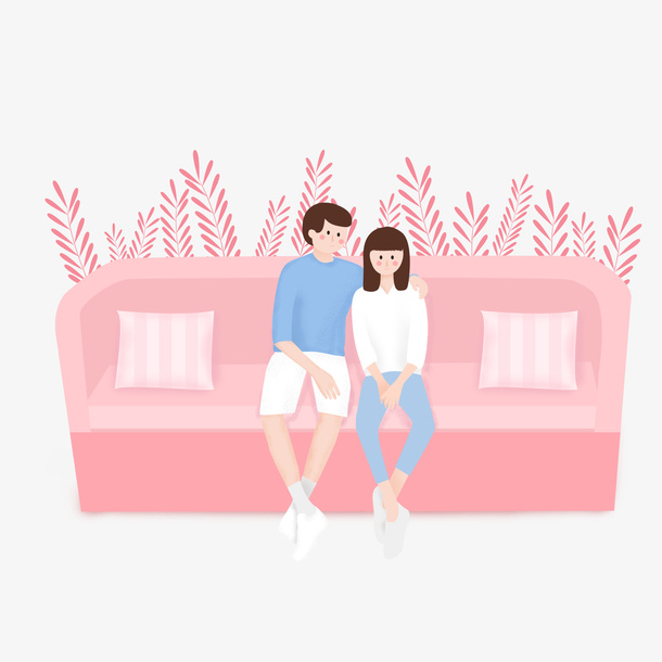 手绘卡通情侣坐在沙发上免抠