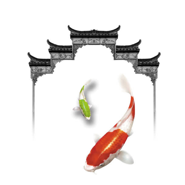 水墨古镇牌坊鲤鱼富贵免抠