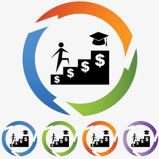 踩着金币上楼梯的学生免抠