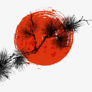 红色水墨上的松树枝免抠