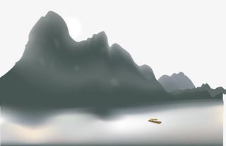 水墨晕染拔地参天的山与湖波免抠