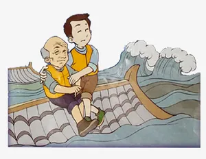 卡通图洪水房顶上的父子免抠