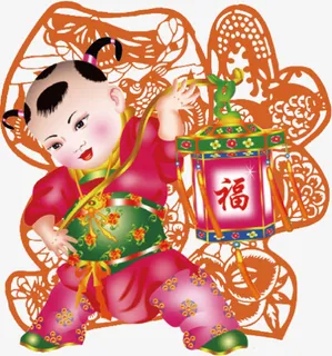 卡通提着灯笼的福娃贴画免抠