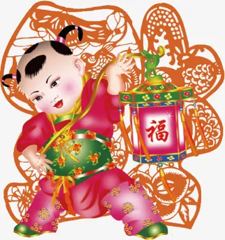 卡通提着灯笼的福娃贴画免抠