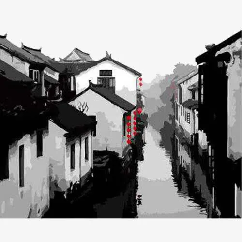 江南风水墨古镇免抠