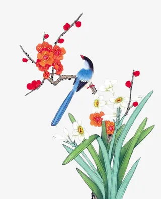 绿色叶子花枝红花喜鹊免抠