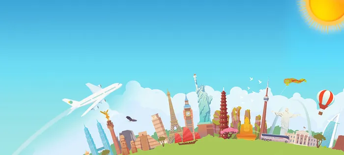 蓝色清新卡通国际旅行banner高清