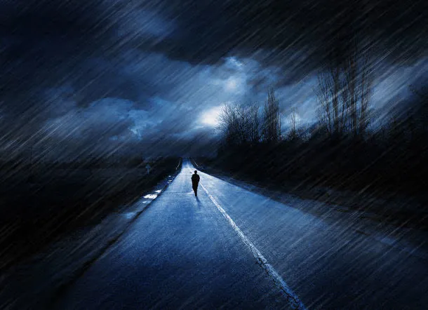 下雨天夜晚道路风景免抠
