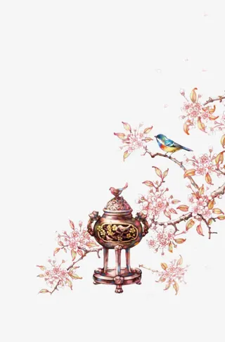 粉红色小花蓝色小鸟免抠