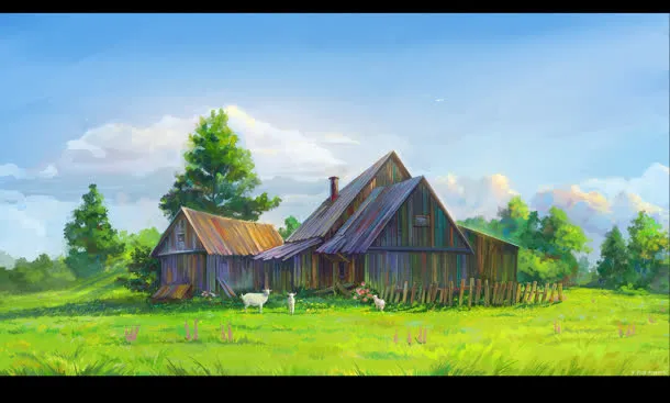 手绘小山村房屋美景免抠