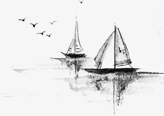 黑色大雁飞鸟海边小船免抠