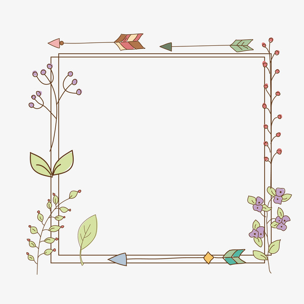 手绘卡通花草羽毛箭花框免抠