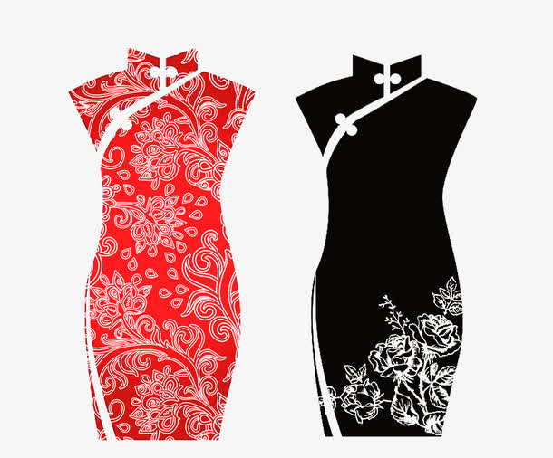 黑红旗袍女裙图片素材免抠