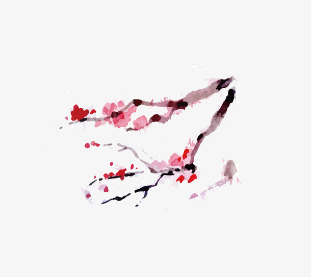 美丽的桃花枝水墨画免抠