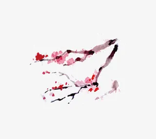 美丽的桃花枝水墨画免抠