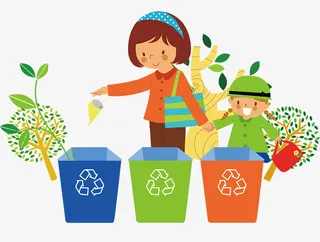 卡通母子在回收箱扔垃圾免抠