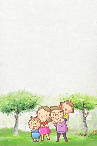 绿色手绘一家人春游海报高清