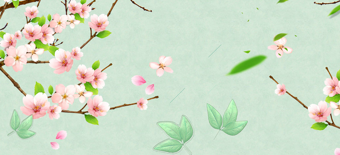 卡通梦幻粉色桃花绿叶绿色背景高清
