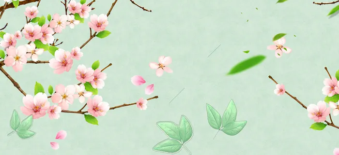 卡通梦幻粉色桃花绿叶绿色背景高清