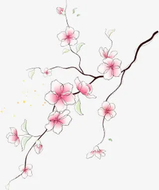 春天粉色手绘花纹树枝免抠