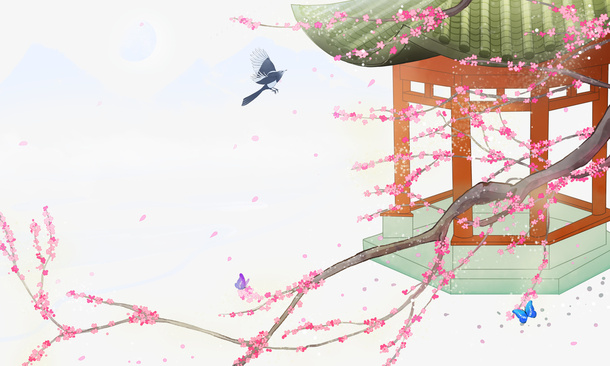 春天樱花树枝鸟蝴蝶凉亭免抠手绘/卡通手绘元素