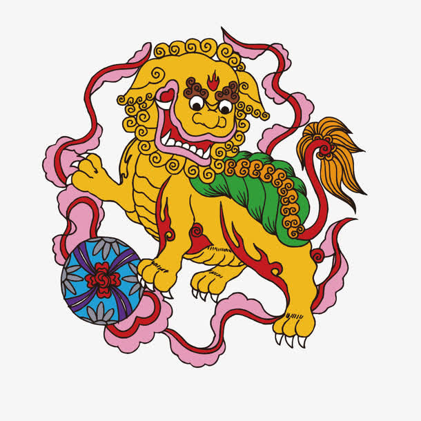 中国风古典狮子滚绣球免抠