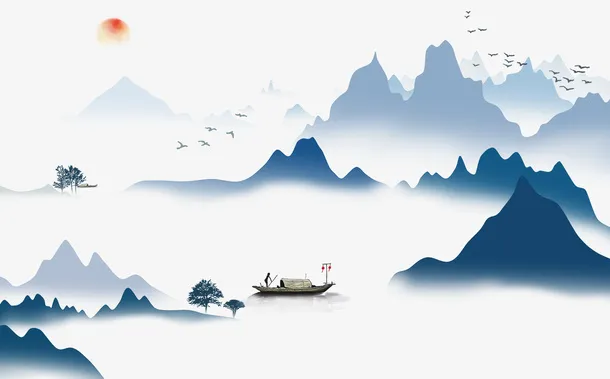 手绘高清古风山水装饰免抠