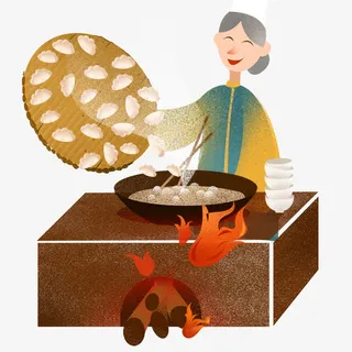 手绘插画人物煮饺子免抠