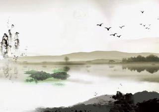 唯美古风水彩插画水墨山水免抠