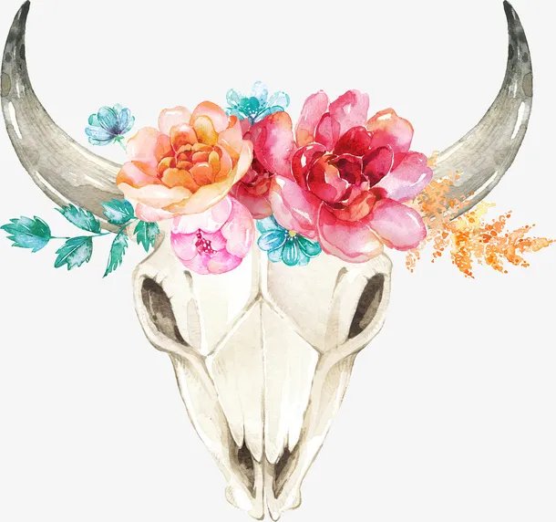 手绘牛头上的花朵免抠