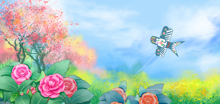 春天放风筝油菜花田樱花背景高清