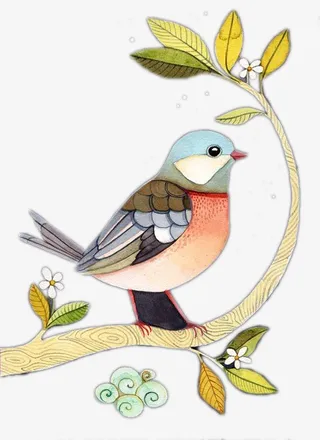 手绘柠檬树枝头上的小鸟免抠