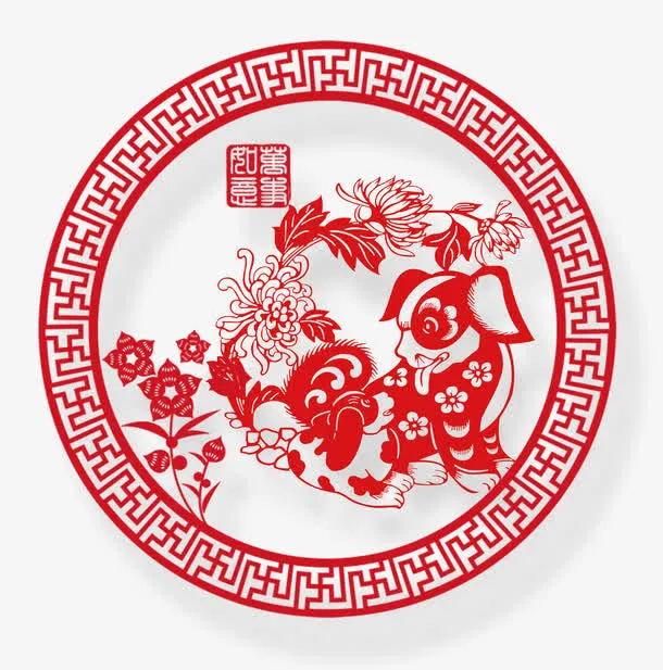 春节红色小狗剪纸psd图免抠