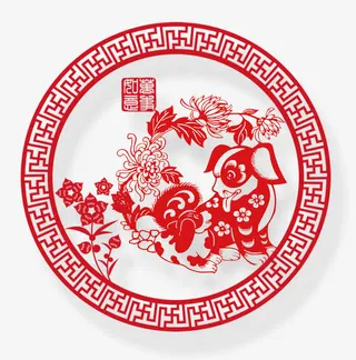 春节红色小狗剪纸psd图免抠