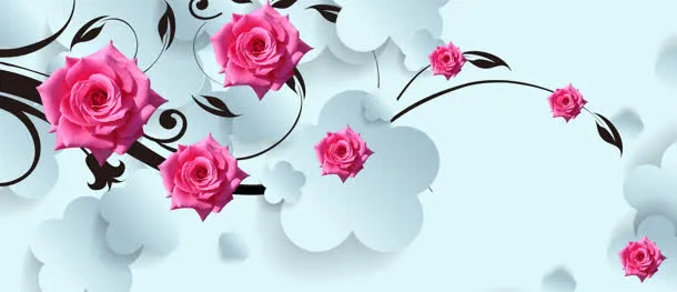 D白色简约玫瑰花电视墙背景banner