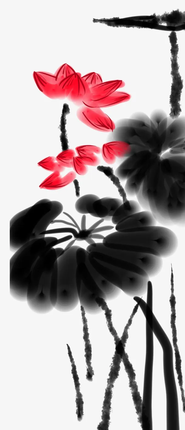水墨中国画荷花睡莲与荷叶免抠