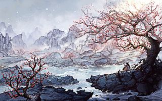 小桥流水梅花人物古诗背景手绘山水画高清