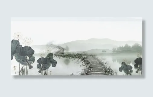 中国风手绘山水荷塘免抠