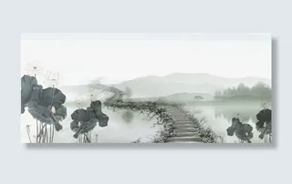 中国风手绘山水荷塘免抠