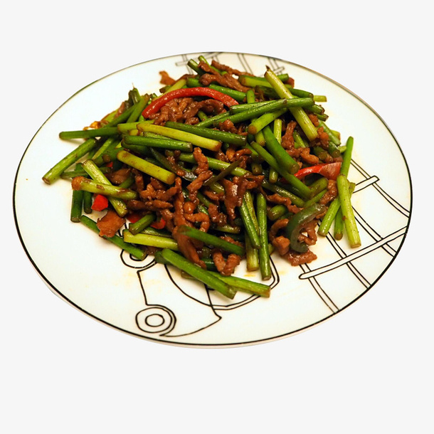 日系风摆盘的美食蒜台炒肉免抠