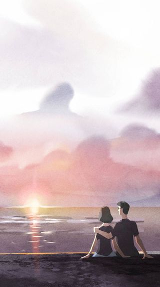 手绘卡通情侣夕阳平面广告高清