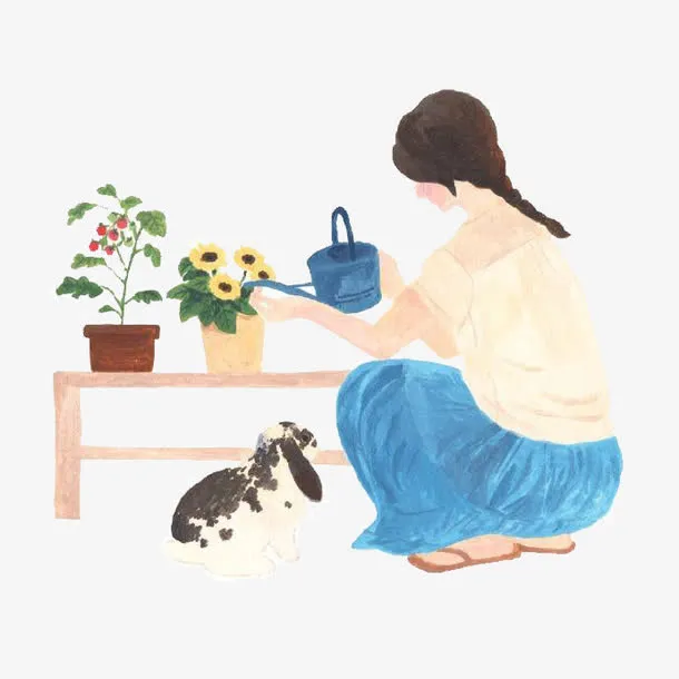 浇花的女孩与小兔子免抠