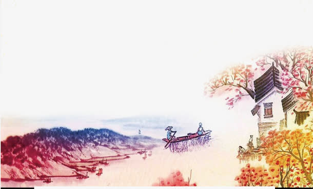 水墨画  渔船人家   意境背景