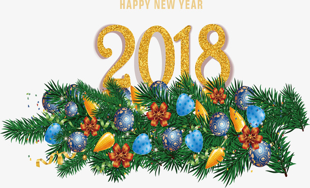 松树枝花丛新年免抠