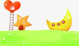 高清手绘卡通草地月亮星星爱心免抠