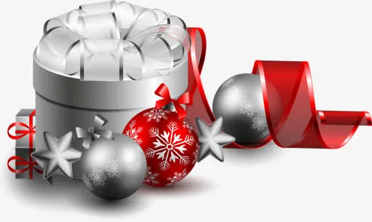 银色礼物盒 银球 雪花 红球png素材免抠
